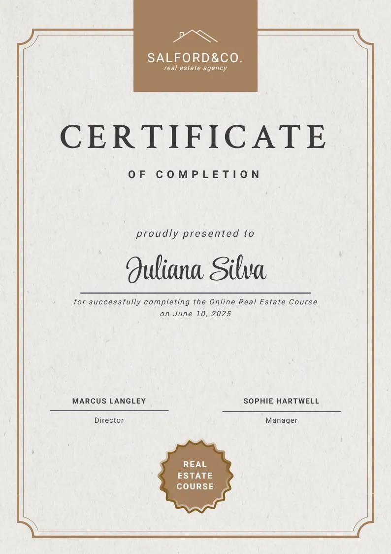 Beige Brown Aesthetic Real Estate Course Completion Certificate, portrait