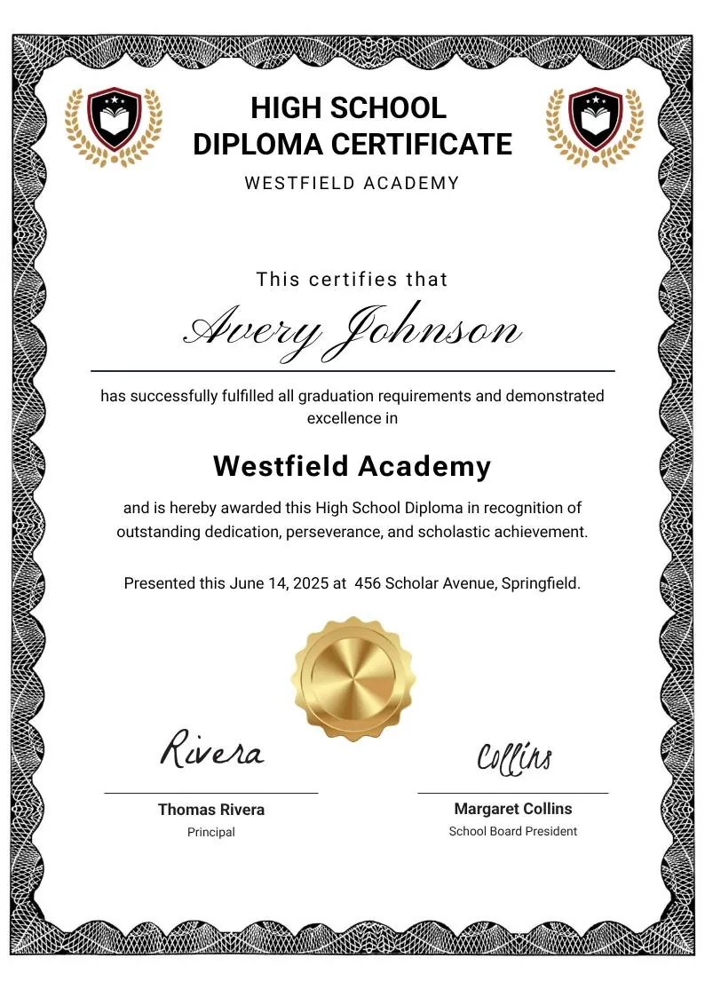 Black and White Modern High School Diploma Certificate, portrait