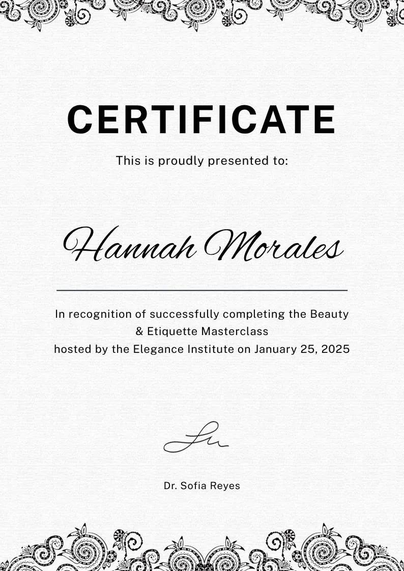 Black White Elegant Certificate Template, portrait