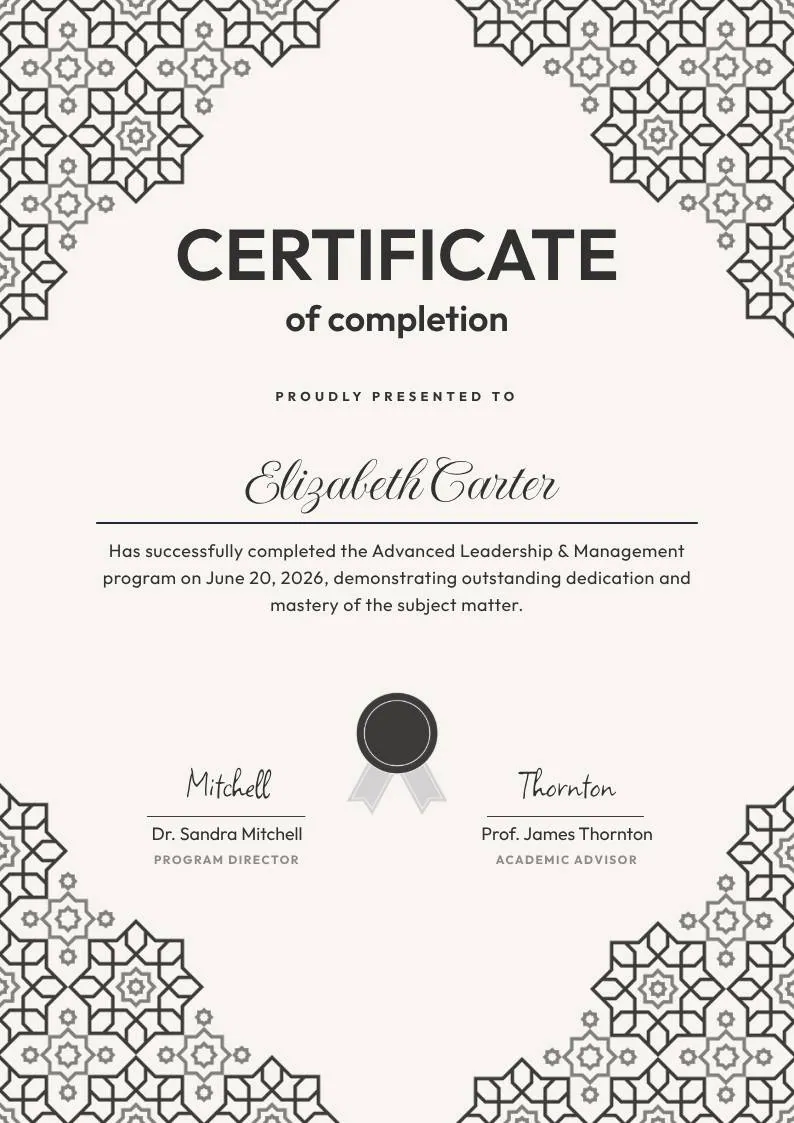 Black and White Geometric Completion Certificate, portrait