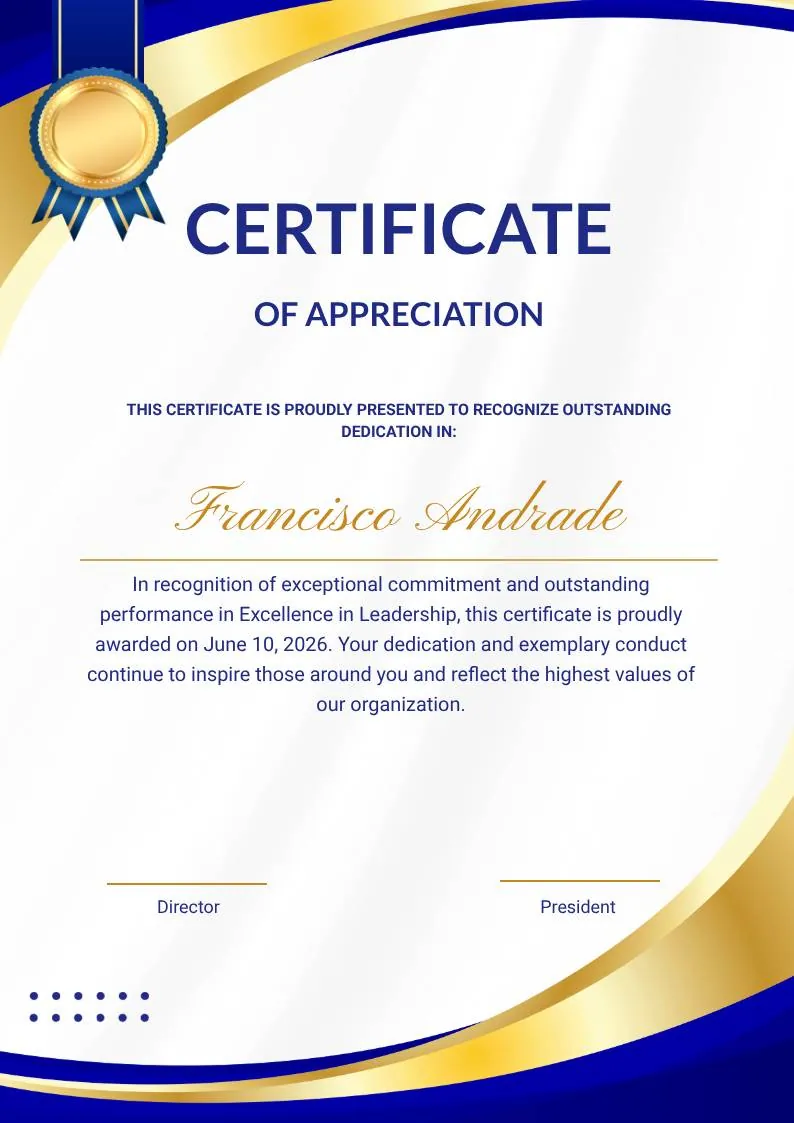 Blue and Gold Modern Certificate of Appreciation, portrait
