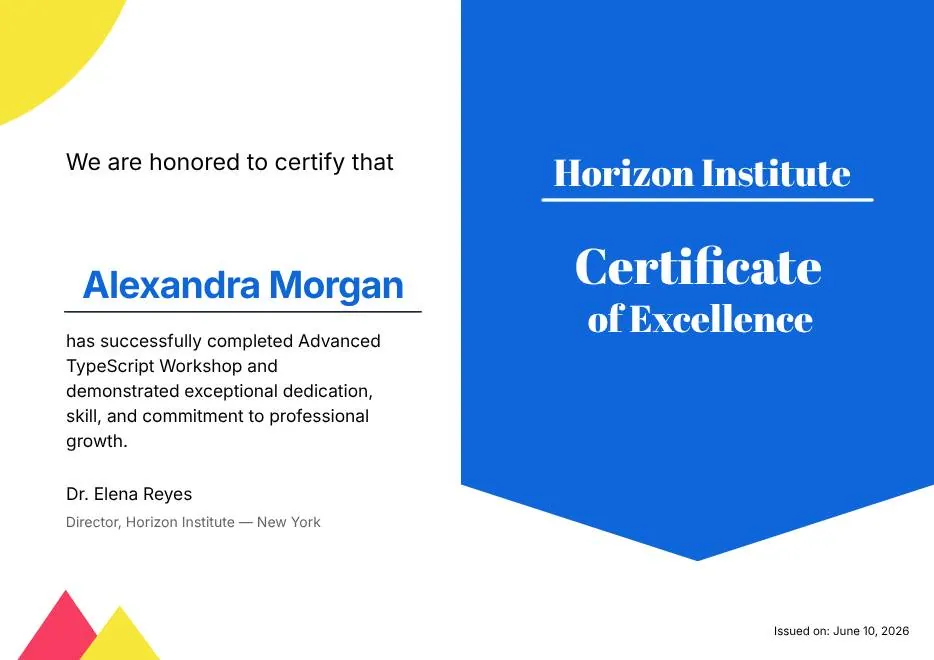 Blue and Yellow Modern Certificate of Excellence thumbnail
