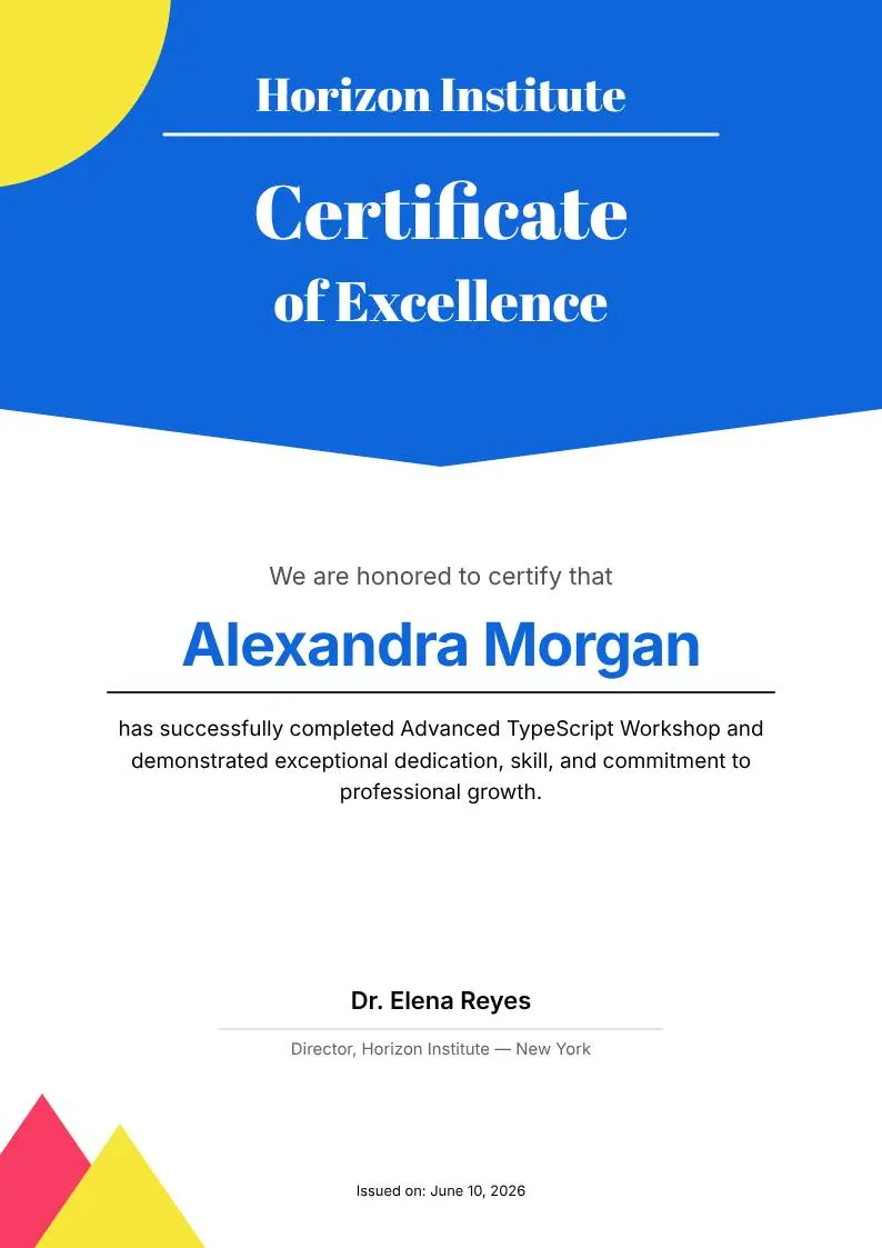 Blue and Yellow Modern Certificate of Excellence, portrait