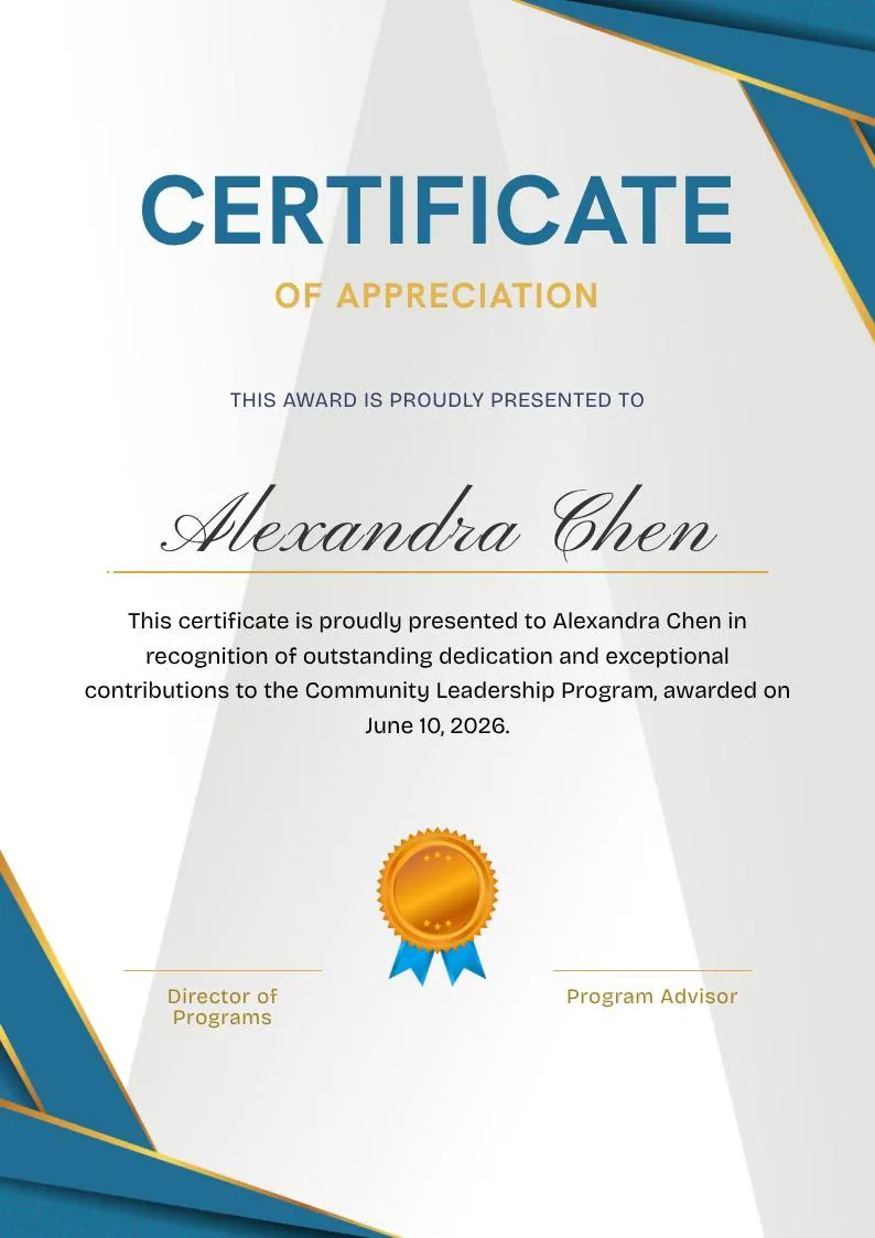 Blue and Gold Appreciation Certificate, portrait