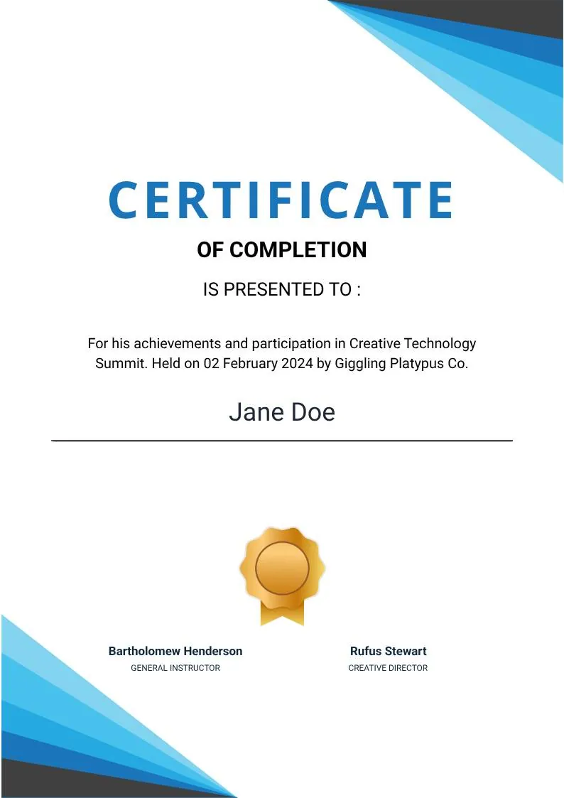 Blue Modern Event Completion Certificate, portrait