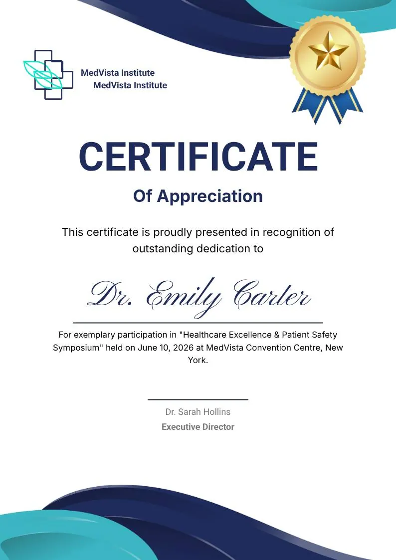 Blue Navy and Tosca Elegant Modern Medical Appreciation Certificate, portrait