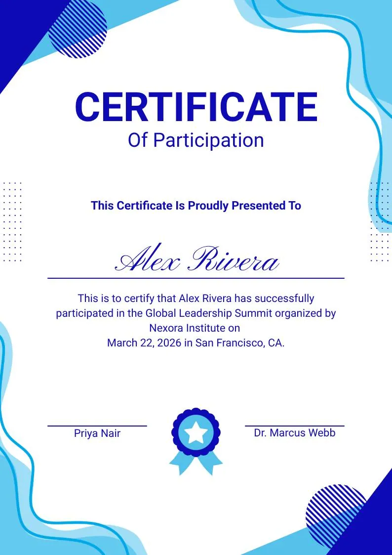 Blue and White Modern Participation Certificate, portrait
