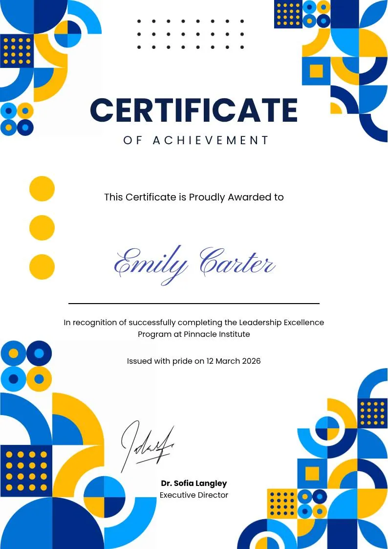 Blue and Yellow Geometric Achievement Certificate, portrait