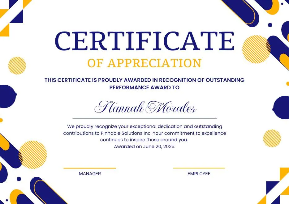 Blue Yellow and White Modern Appreciation Certificate thumbnail