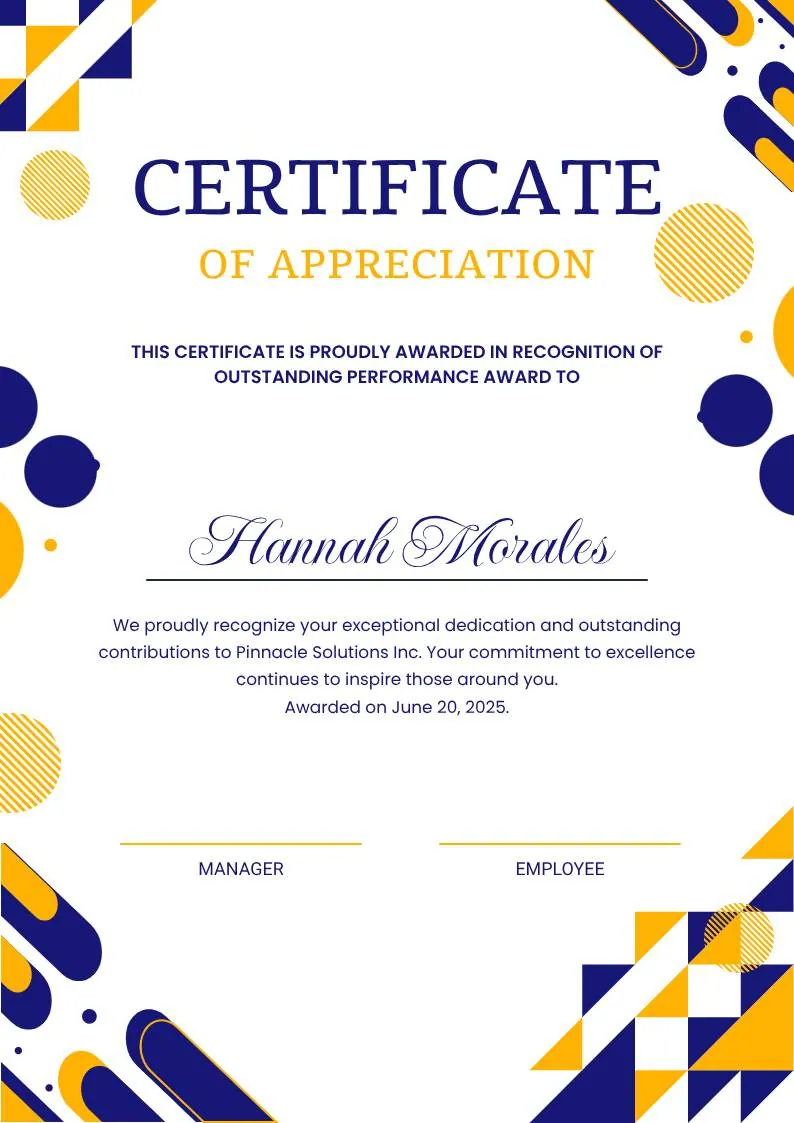 Blue Yellow and White Modern Appreciation Certificate, portrait