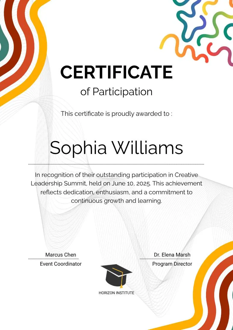 Colorful Abstract Waves Modern Participation Certificate template