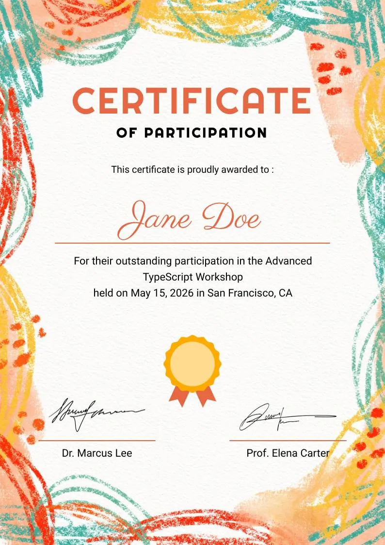 Colorful Brushstroke Art Certificate of Participation, portrait