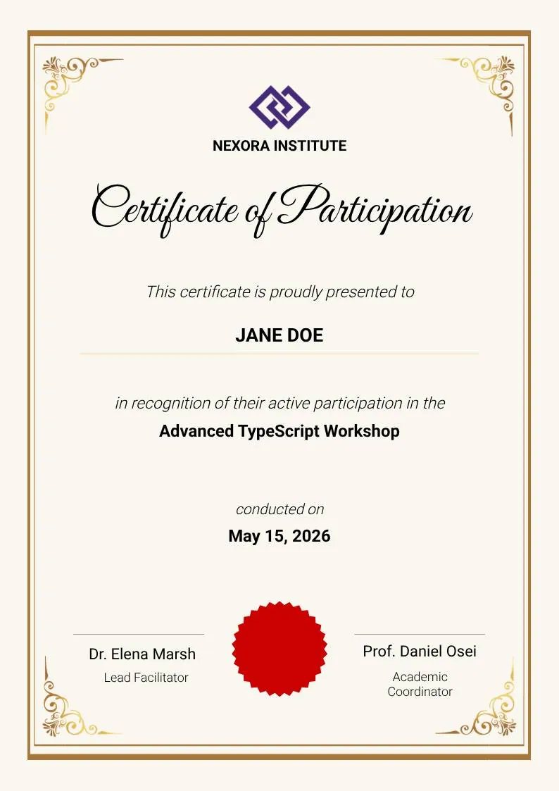 Gold Elegant Workshop Participation Certificate, portrait