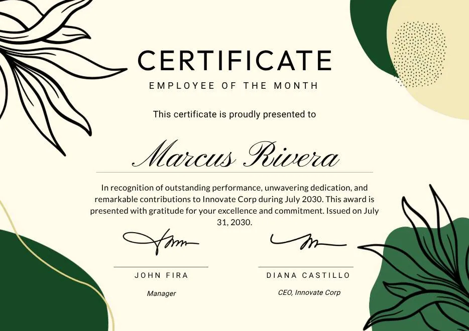 Green and Beige Botanical Employee of the Month Certificate thumbnail