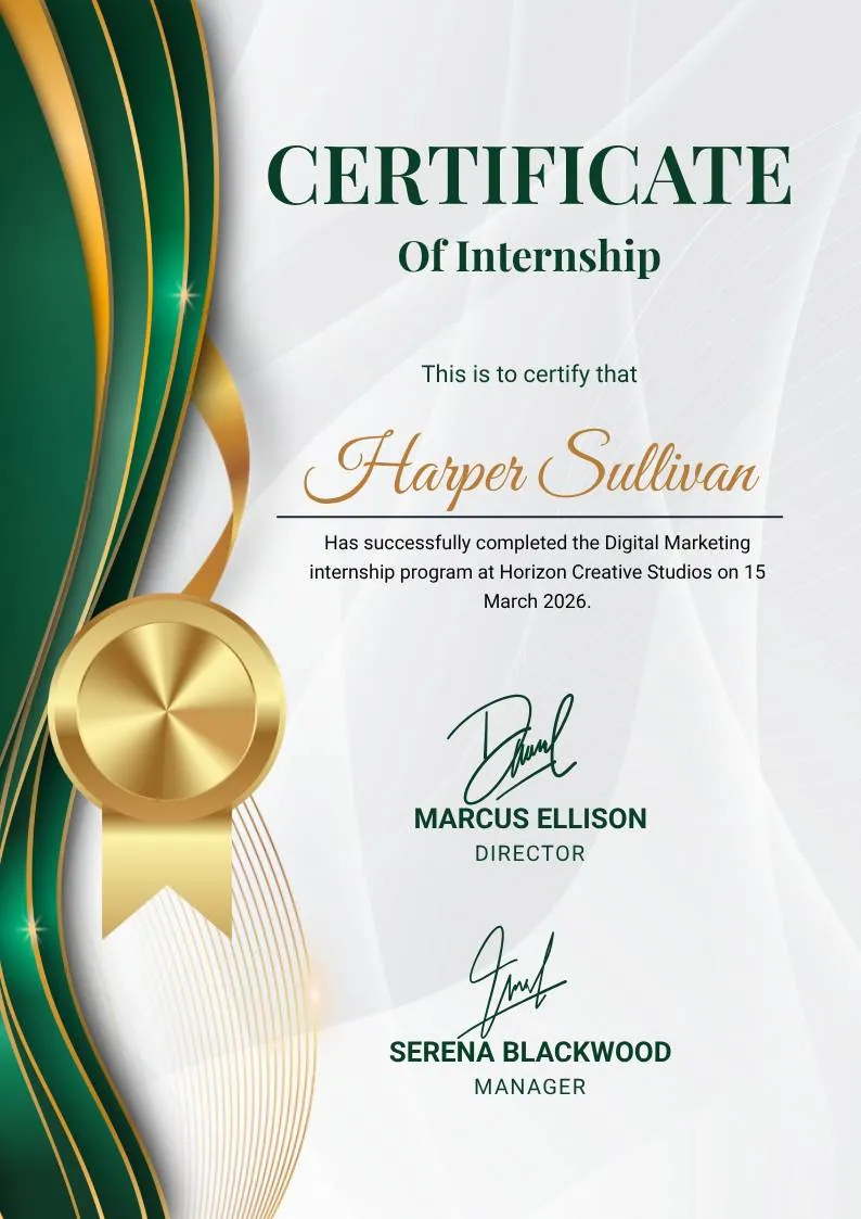 Green and Gold Elegant Internship Certificate, portrait