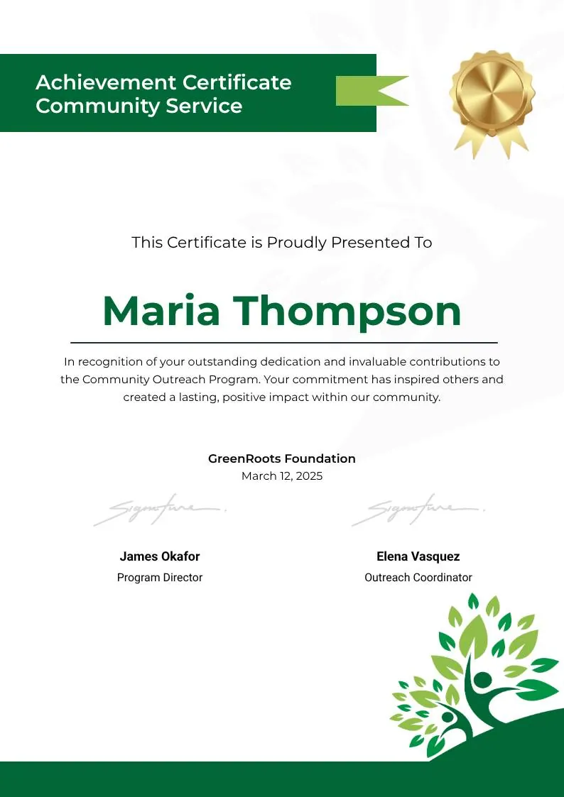 Green Clean Achievement Community Service Certificate, portrait