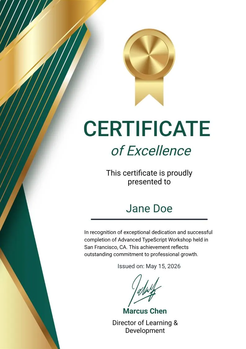 Green Gold and White Modern Excellence Certificate template