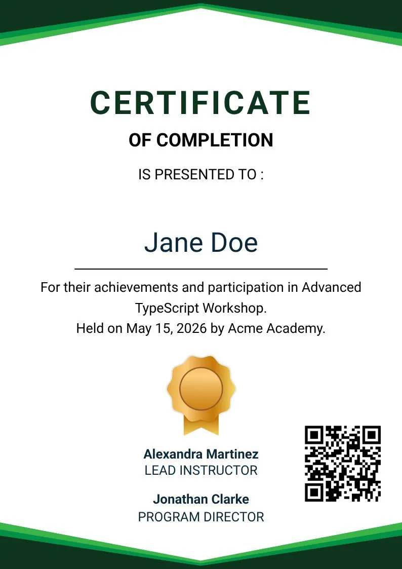 Green Modern Event Completion Certificate, portrait