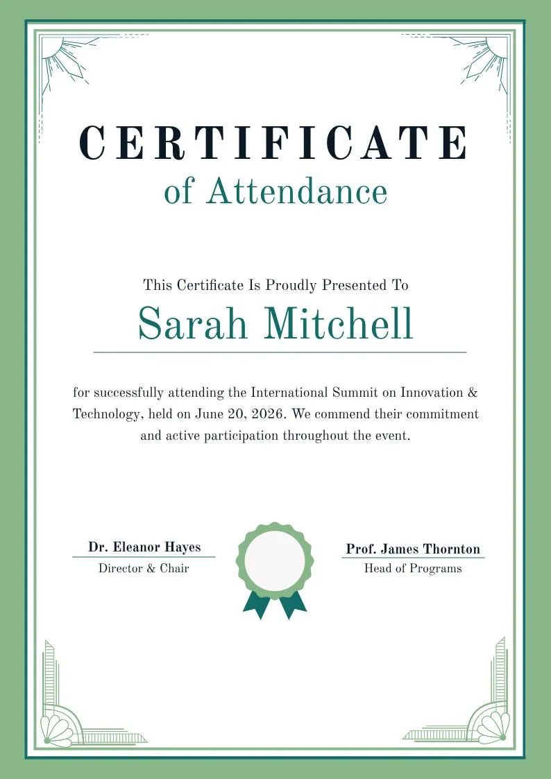 Green White Classic Minimalist Attendance Certificate, portrait