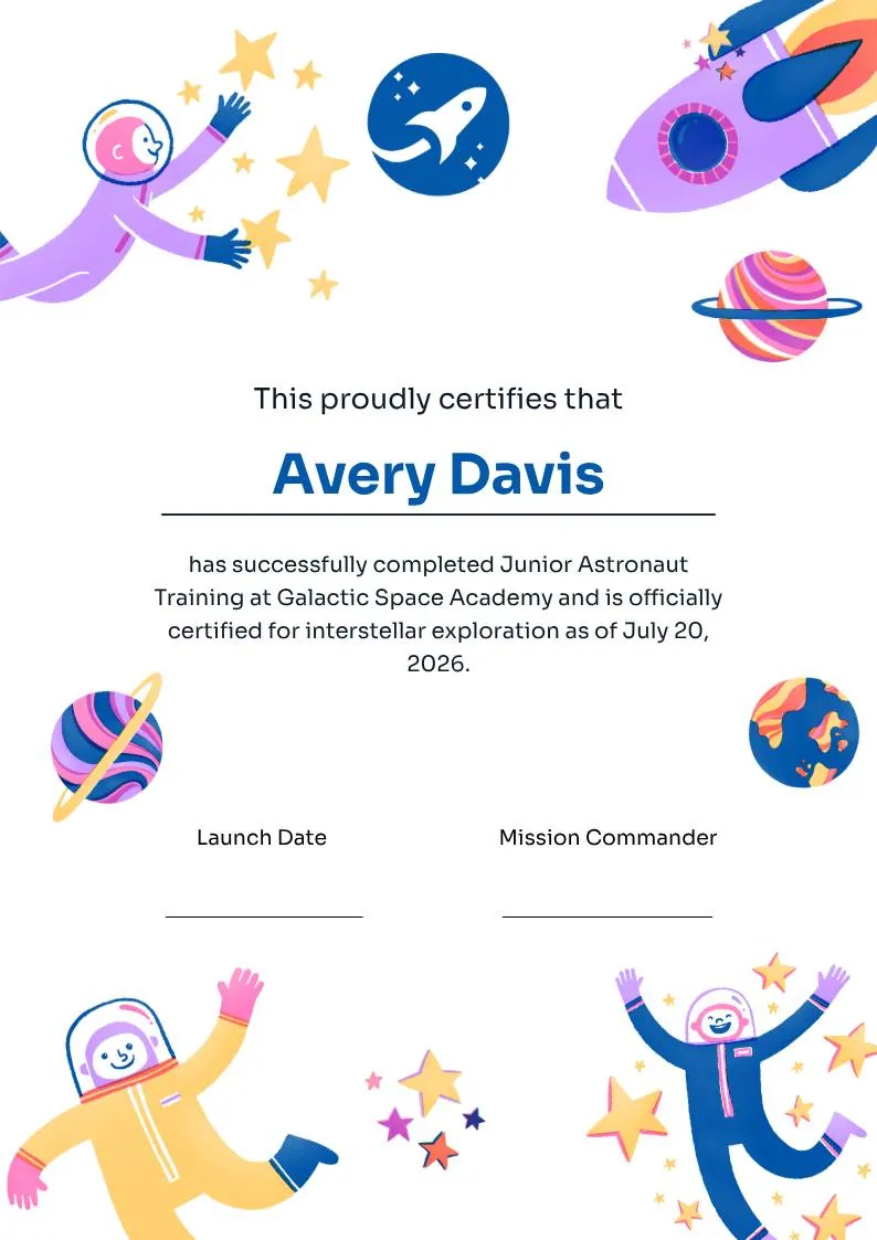 Junior Astronaut Training Certificate in Colorful Playful Style, portrait