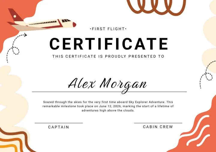 Orange and Brown Colorful Illustrated First Flight Certificate thumbnail