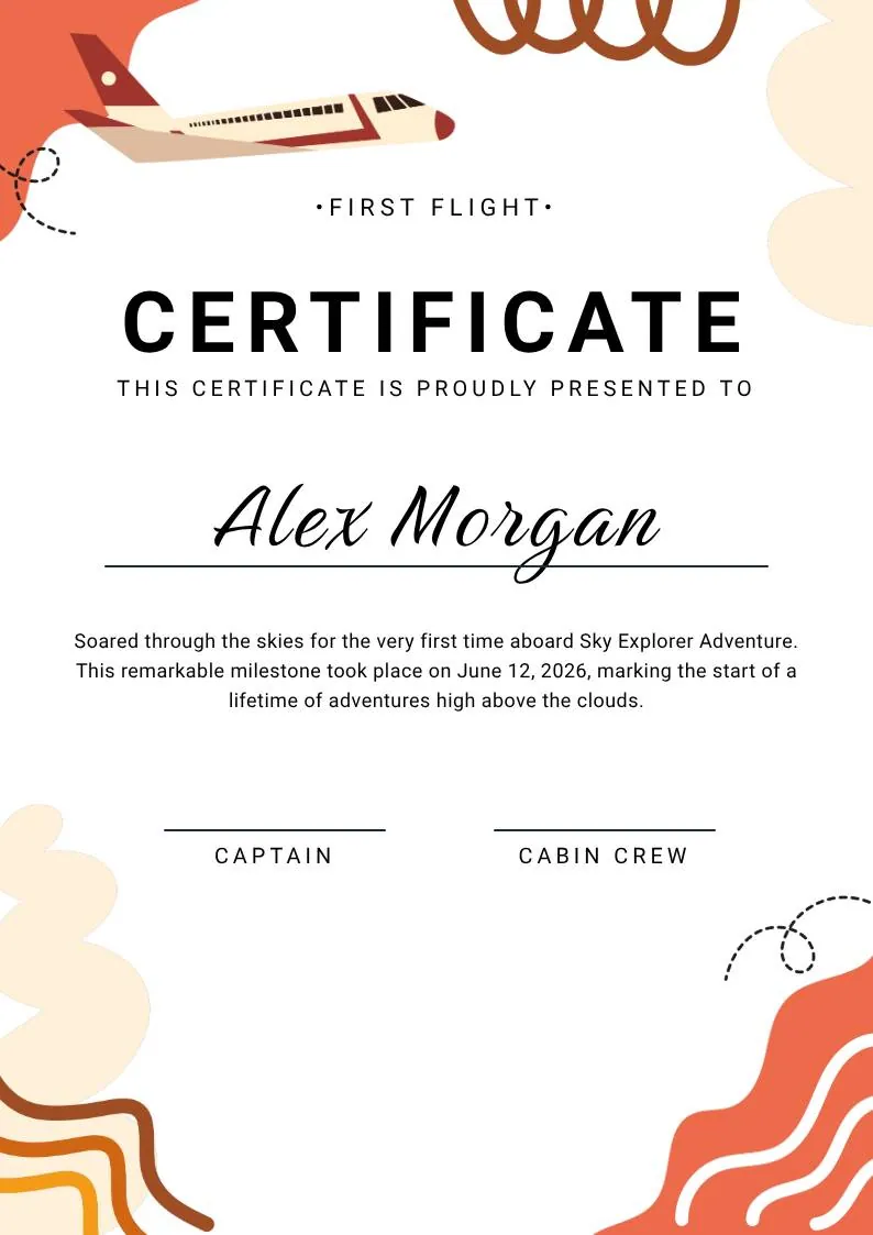 Orange and Brown Colorful Illustrated First Flight Certificate, portrait