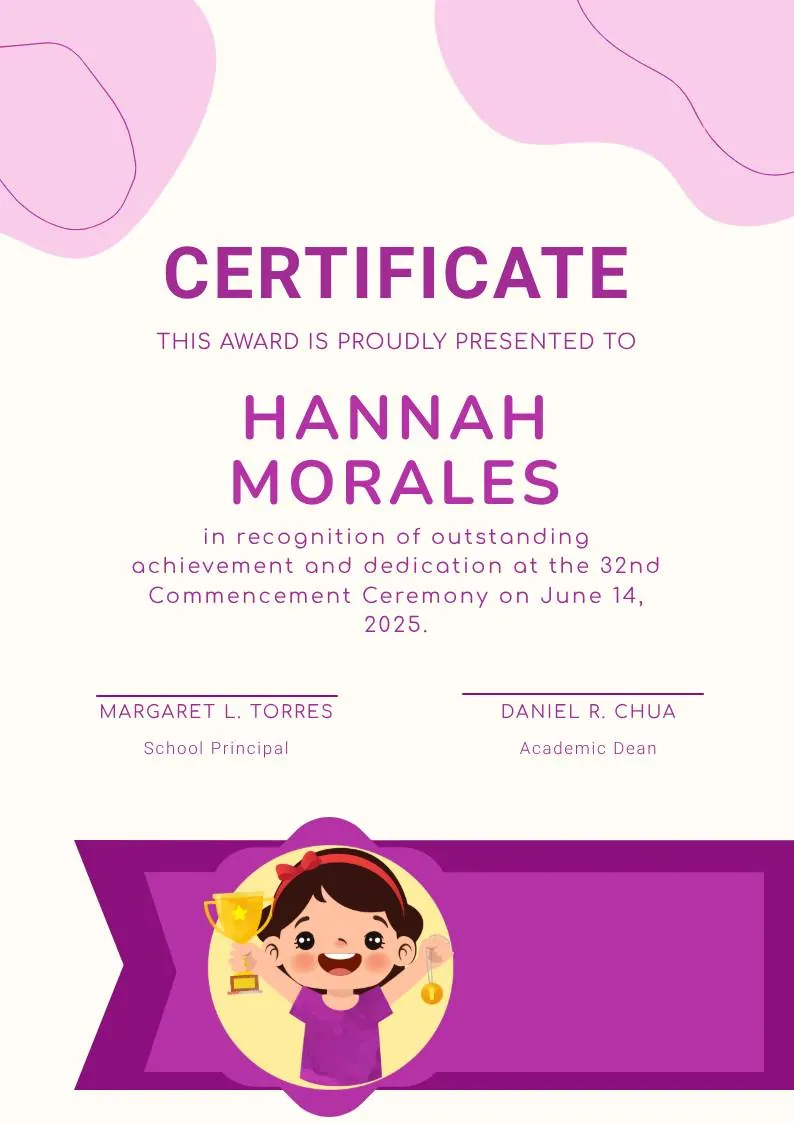 Purple Playfun Kids Award Certificate, portrait