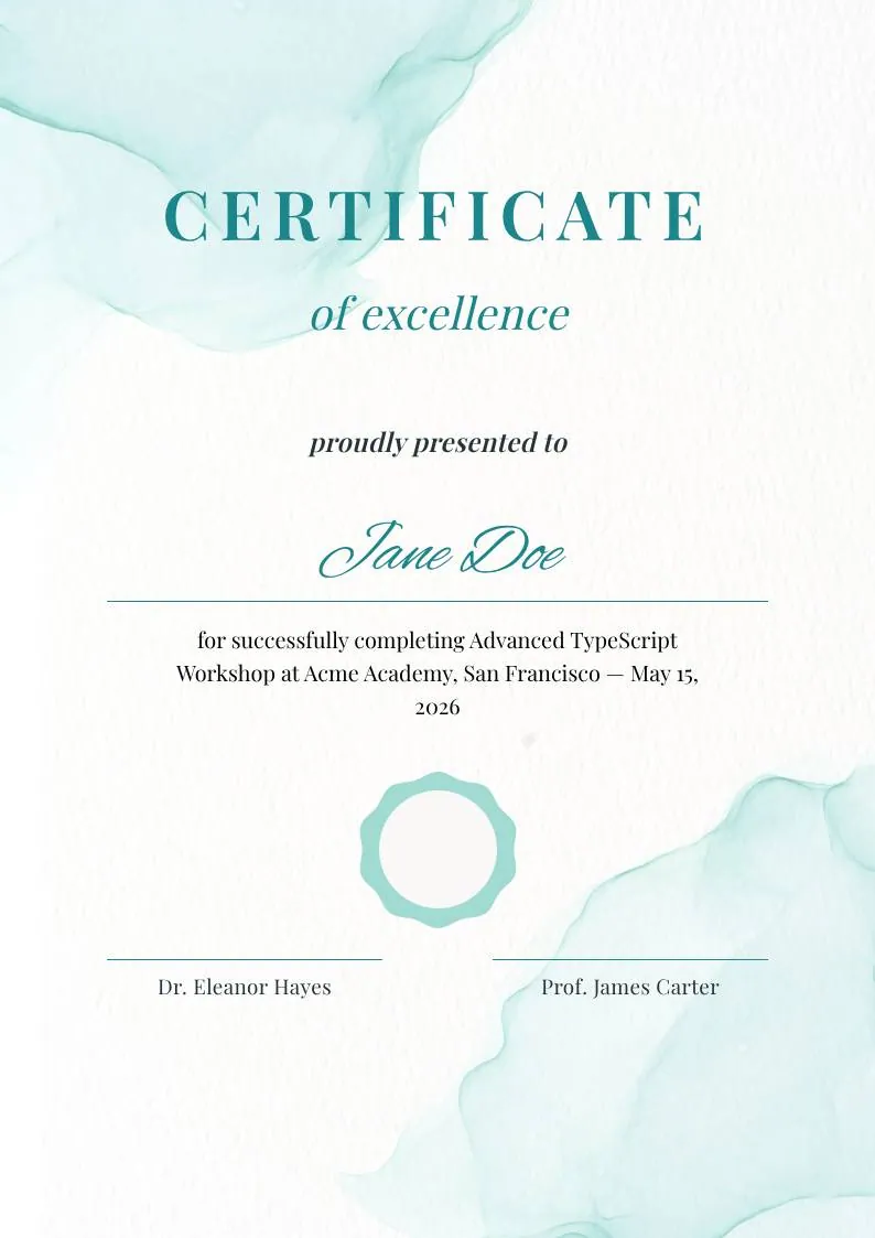 Teal Watercolor Elegant Certificate of Excellence template