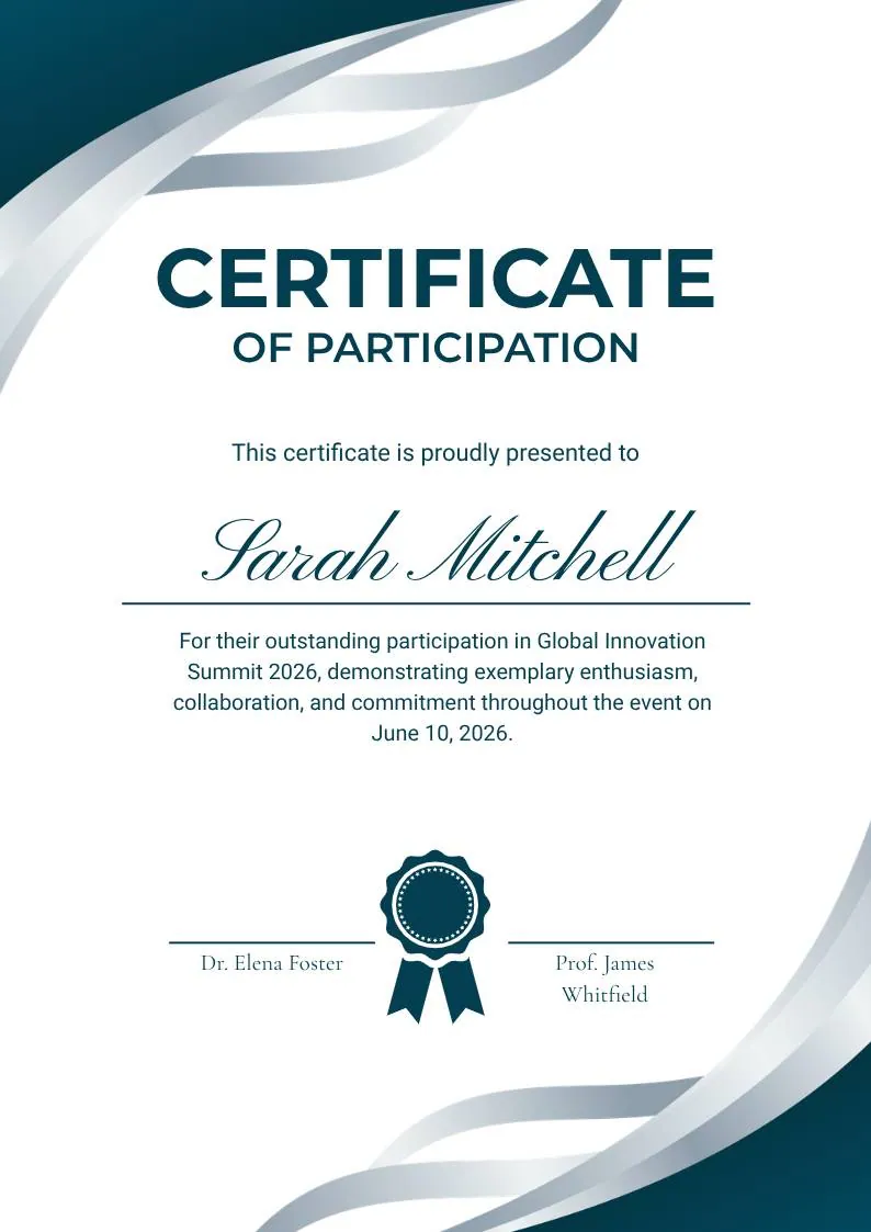 Teal and White Modern Participation Certificate, portrait