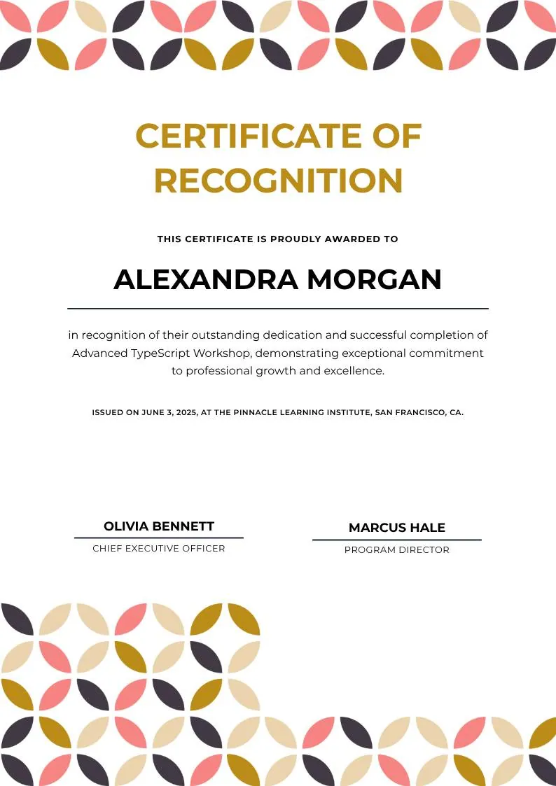 White Geometric Petal Pattern Certificate of Recognition, portrait