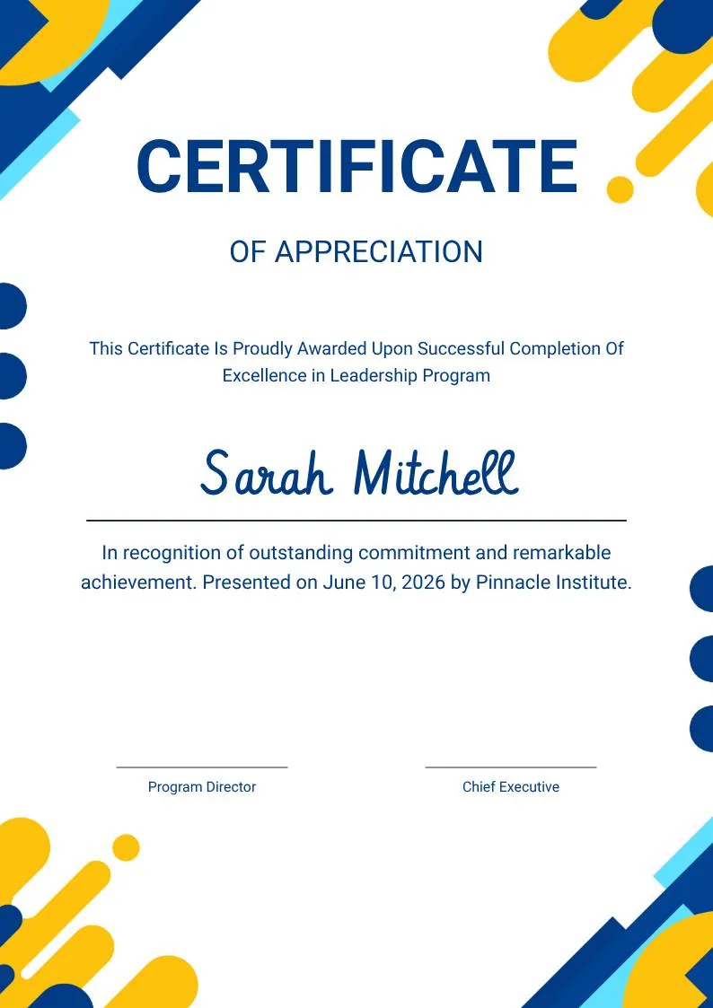 Yellow and Blue Modern Certificate of Appreciation, portrait